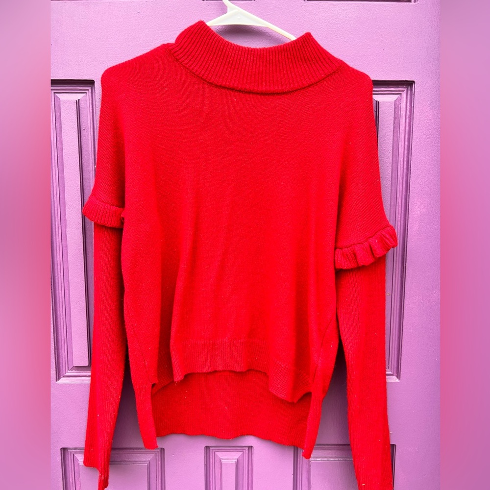 Ruby Moon red sweater with flutter sleeve detail in festive red. Size small
